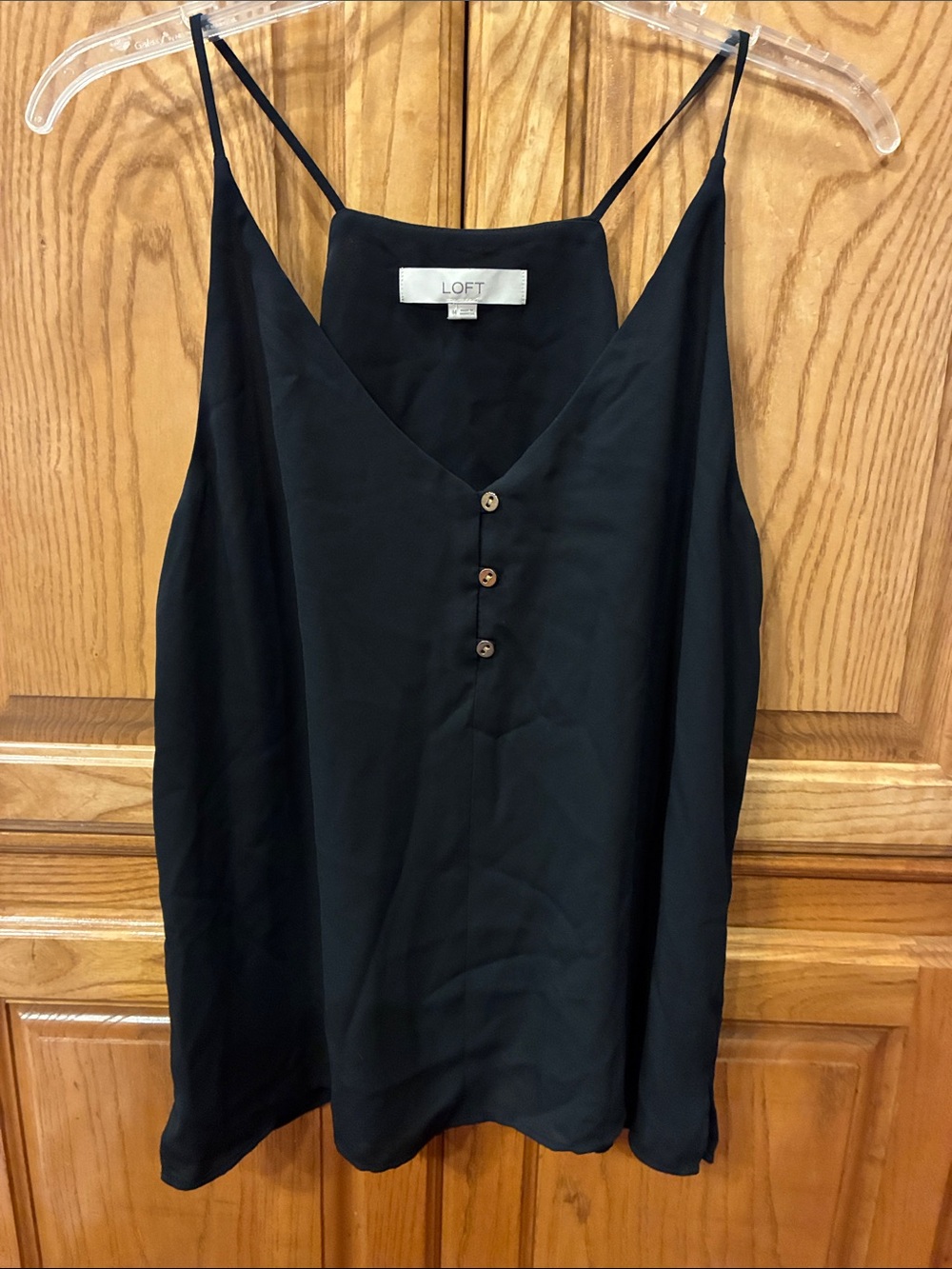 Medium LOFT Black Spaghetti-Strap V-Neck Camisole with Gold Front Buttons